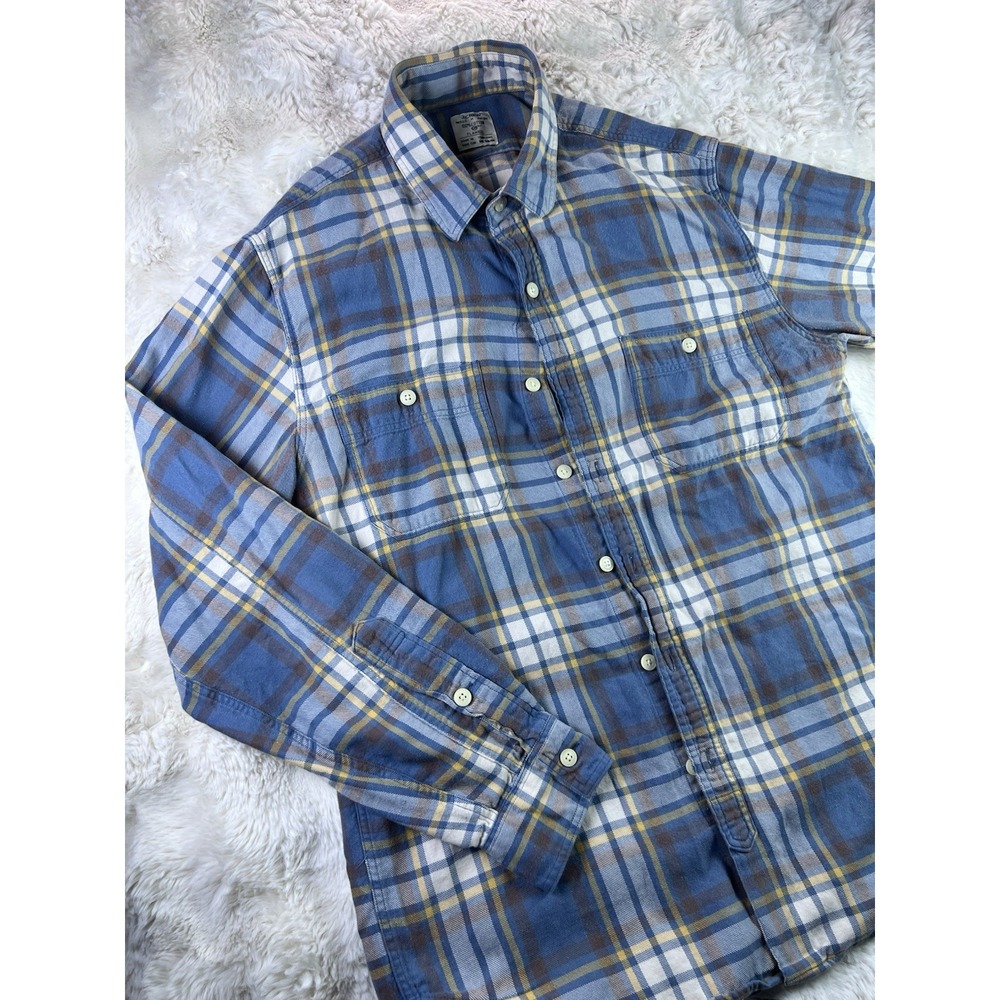 J.CREW Mens M Blue/White/Yellow Plaid Flannel Long Sleeve Button-Up Pockets. A27